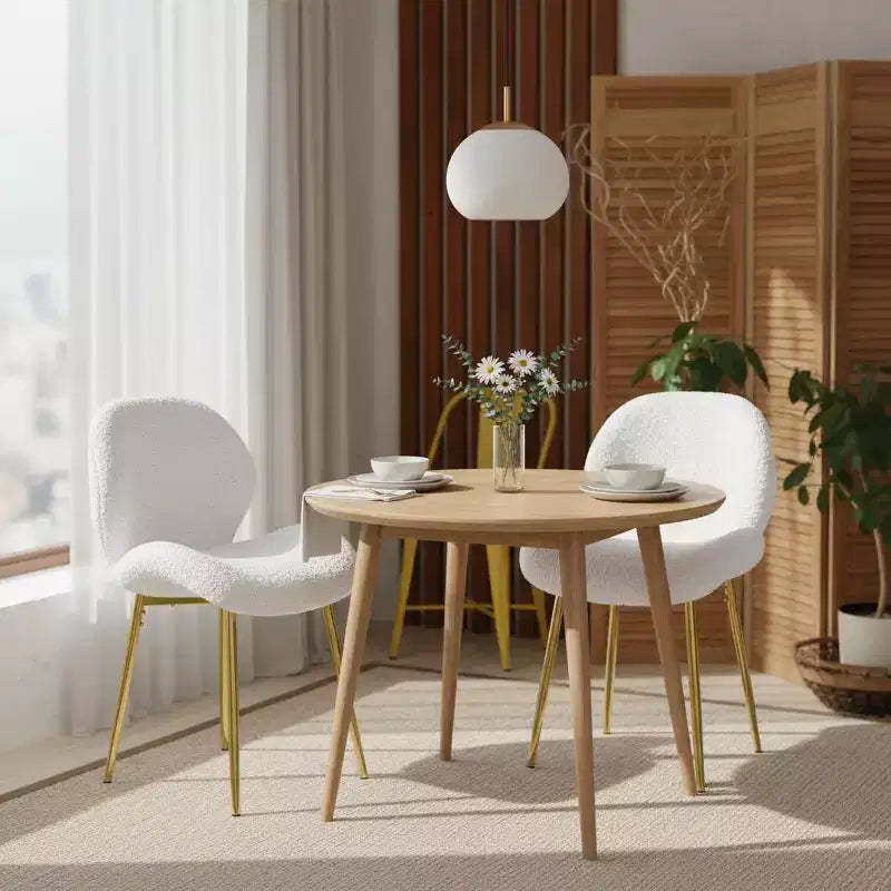 Homy Casa Set of 2 Modern Boucl Upholstered Dining Chairs with Gold Metal Legs, White