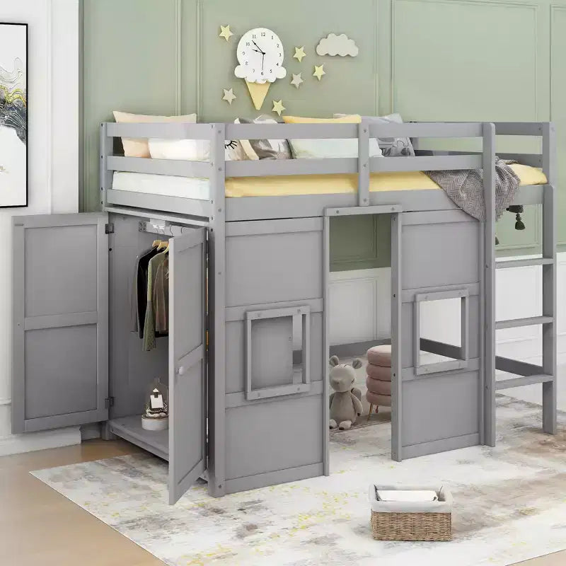 Twin Size Loft Bed with Wardrobe and Large Under-Bed Space, Solid Wood Loft Bed with Built-in Storage Cabinet & Windows