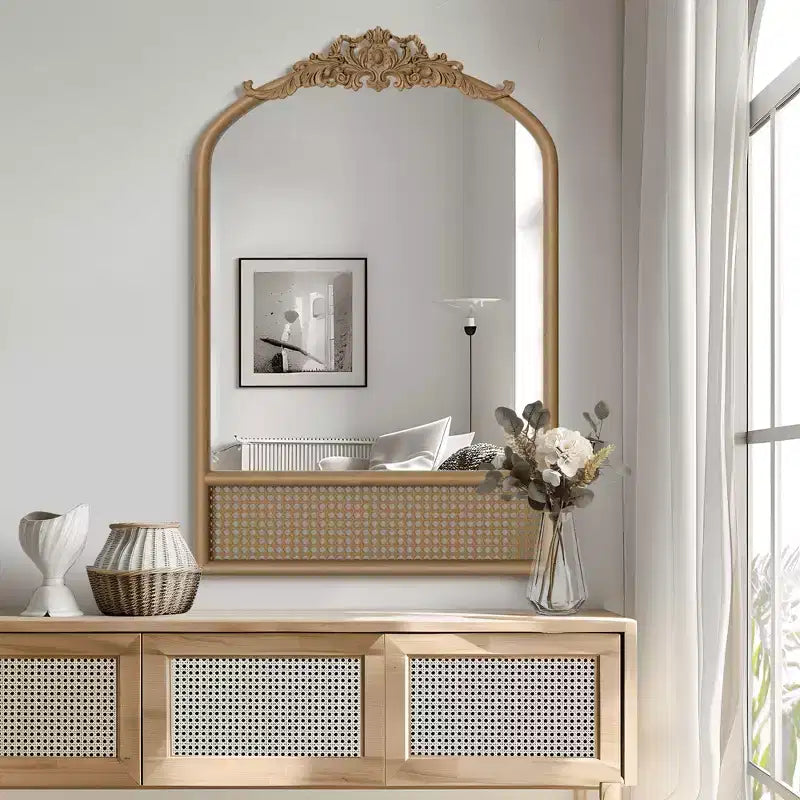 MAYEERTY 36x24x2in Hanging Mirror Solid Wood Carved Rattan Right Angle Micro Arch Brown