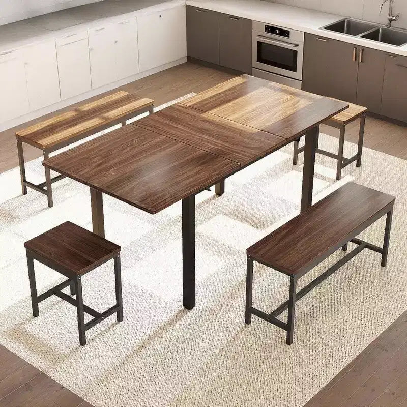 47.2 Large Extendable Kitchen Table Set, with 2 Benches and 2 Square Stools