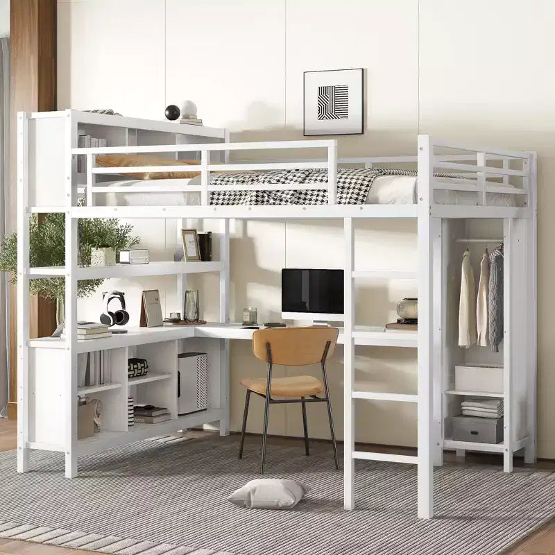 Metal Loft Bed with Wardrobe And L-shaped Desk Queen Size Loft Bed with Storage Cubes and Shelves Heavy Duty Loft Bed for Kids Teens Adults White