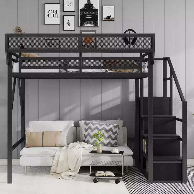 Full Size Black Metal Loft Bed with Stairs Storage Shelves and High Loft Bed with Wardrobe for Kids Teens