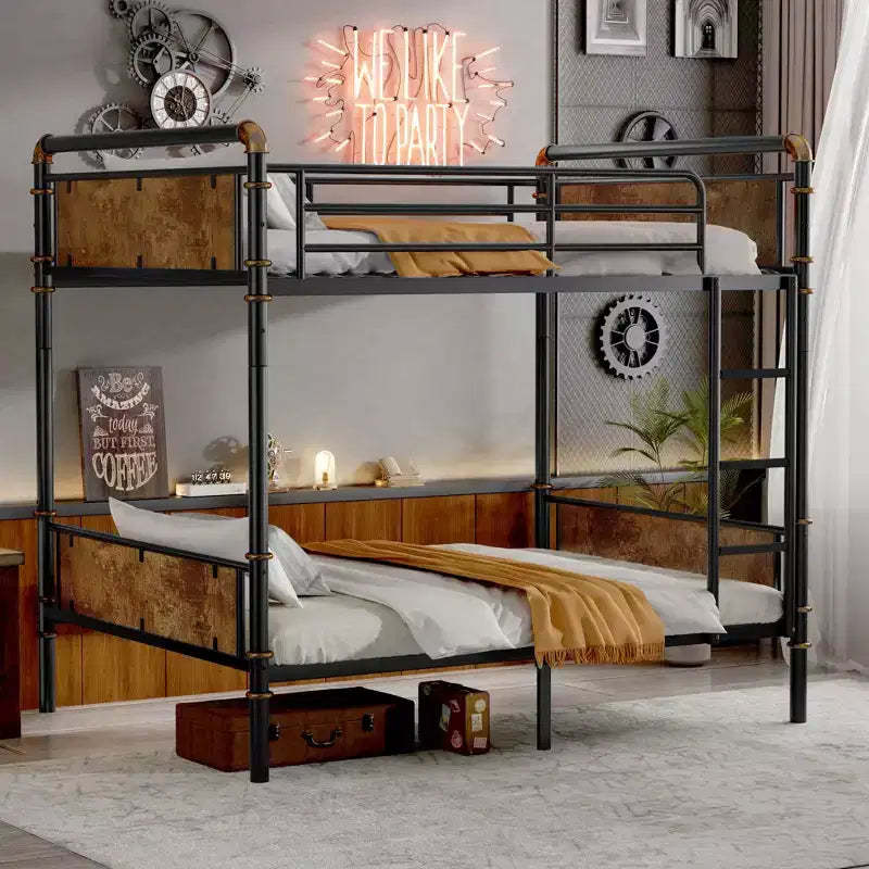 Twin XL over Twin XL Metal Bunk Bed Industrial Detachable Bunkbeds with Safety Guard Rails for Teens Black