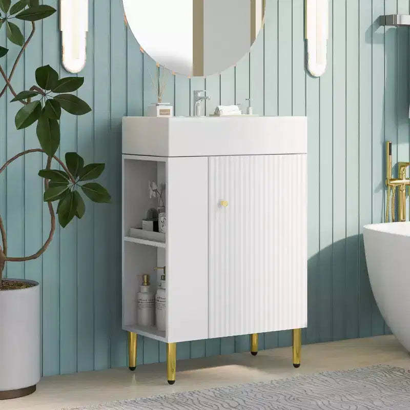 Okak 21.6 Bathroom Storage Cabinet, Bathroom Vanity with Left Side Shelves, Floor Storage Cabinet with Ceramic Sink