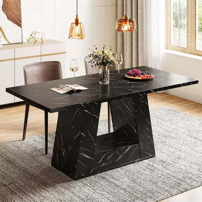 Lantine Dining Table for 4-6, 63Modern Wooden Faux Marble Dinner Table with Sturdy Base for Kitchen, Living Room, Black