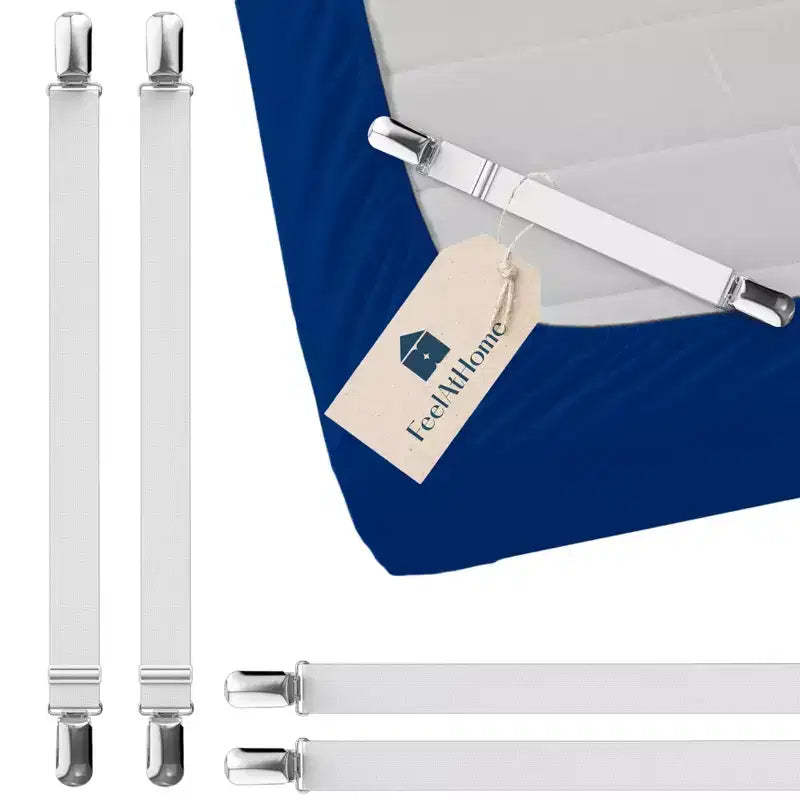 FeelAtHome Bed Sheet Clips 4PCS - Mattress Holder Straps, Elastic Corner Bands with Clamps, Fit Twin/Queen/King Sheets