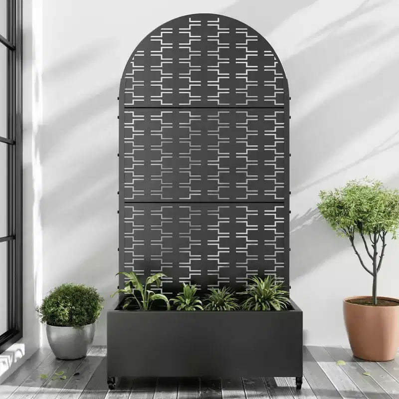 MAYEERTY Planter Box with Trellis Iron Black Rectangle Grid Pattern 71x35x16in 3-Piece Set
