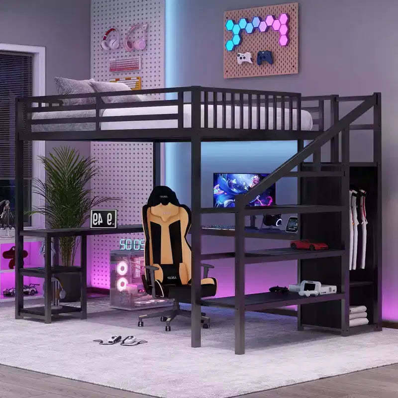 Full/Queen Metal Loft Bed with Wardrobe, L-Shaped Desk, USB & LED Lights, Space-Saving Gaming Loft Bed Frame - ModernLuxe