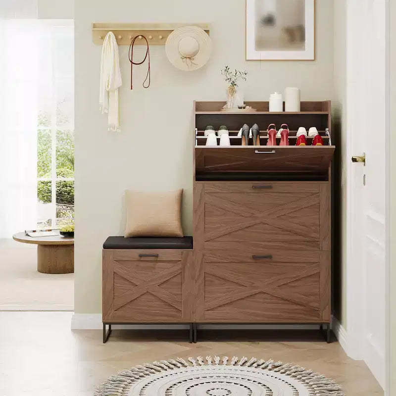 Shoe Storage Bench, Wooden Entryway Bench with 4 Flip Drawers & Padded Seat, Hidden Shoe Organizer Cabinet for Hallway Living Room