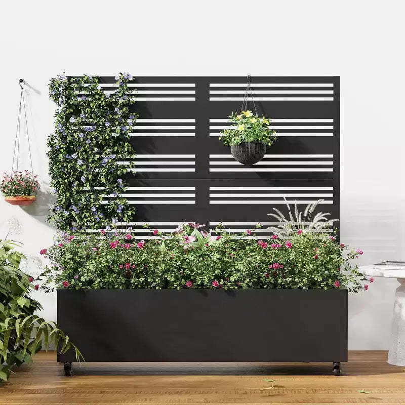 MAYEERTY Planter Box with Trellis Iron Black Harold Wide 1 Narrow 2 Type B Louvered Style 47x47x16in 3-Piece Set