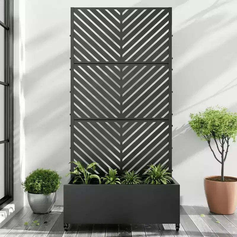 MAYEERTY Planter Box with Trellis Iron Black Parallel Line 01 Style 47x47x16in 3-Piece Set