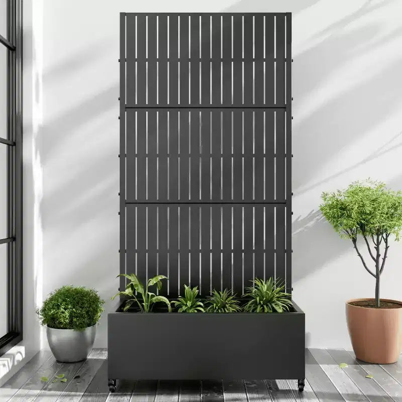 MAYEERTY Planter Box with Trellis Iron Black Vertical Fence Style 72x35x16in 3-Piece Set