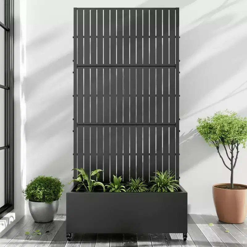 MAYEERTY Planter Box with Trellis Iron Black Vertical Fence Style 72x35x16in 3-Piece Set