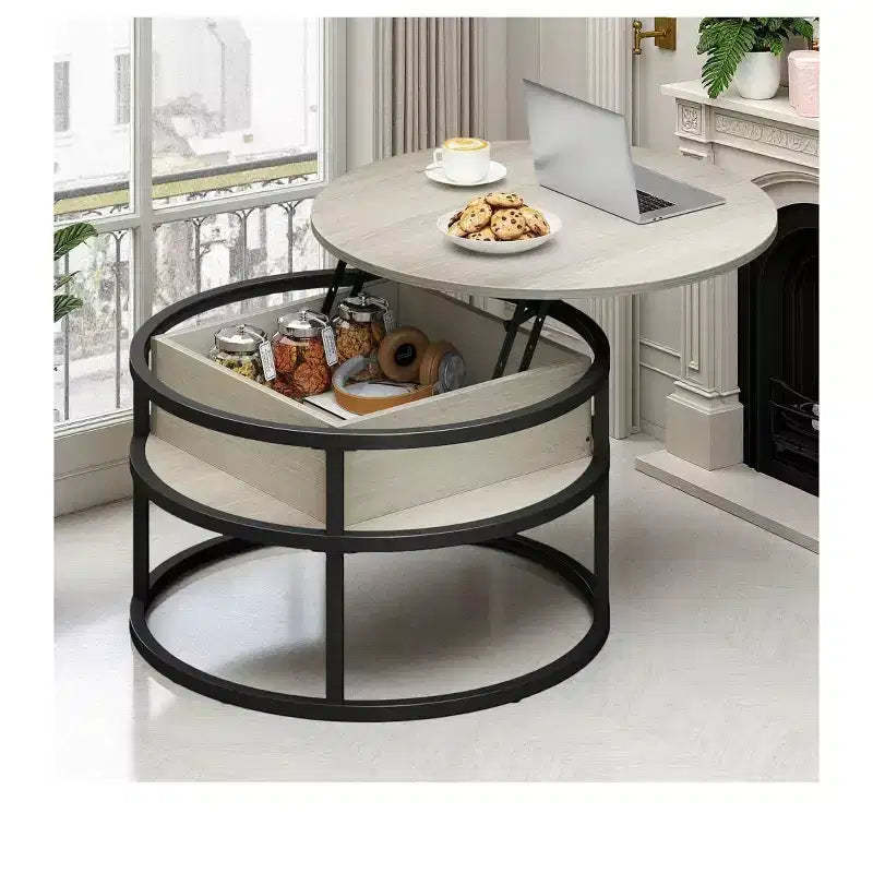 Round Lift Top Coffee Table with Storage and Hidden Compartment Wood Farmhouse Center Table For Living Room