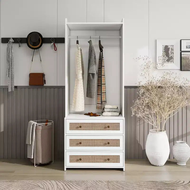 GDFStudio Michelle Rattan and Wood Clothing Armoire with 3 Drawers and Hanging Rod