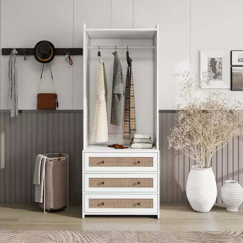 GDFStudio Michelle Rattan and Wood Clothing Armoire with 3 Drawers and Hanging Rod