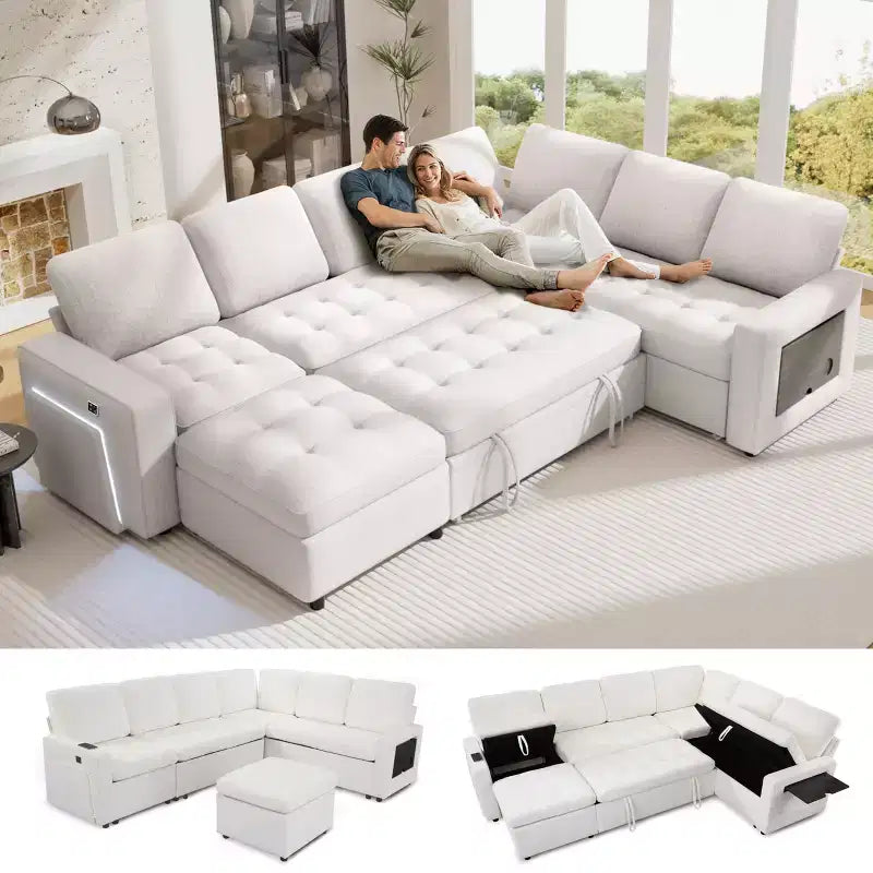 Dyonery 7 Seat L Shaped Modular Sectional Sleeper Sofa Bed with Pull Out Bed/Reclining Backrest/USB Ports/Table/LED Light/Storage Seat, Chenille