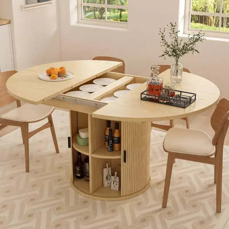 Dyonery Extendable Dining Table 43-59 for 4-6 People, Solid Wood Top with Fluted Slide Door & 8-Compartment Storage, Space Saving Furniture