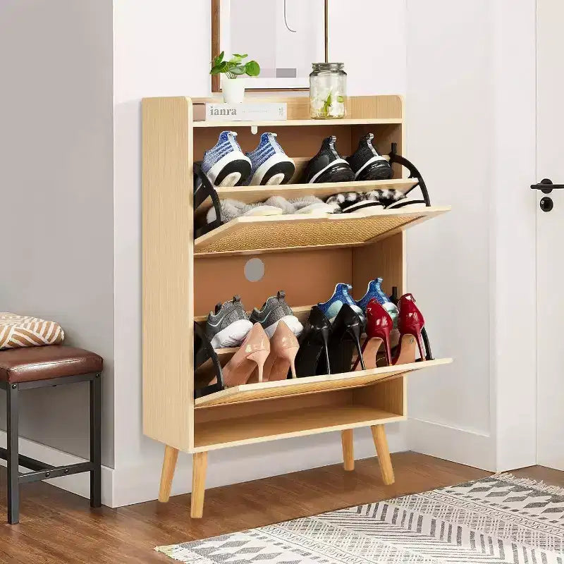 Acekool Rattan Shoe Cabinet - Slim Entry Organizer Holds 15+ Pairs, 2 Doors & Shelf for Hallway, Bedroom, White & Natural