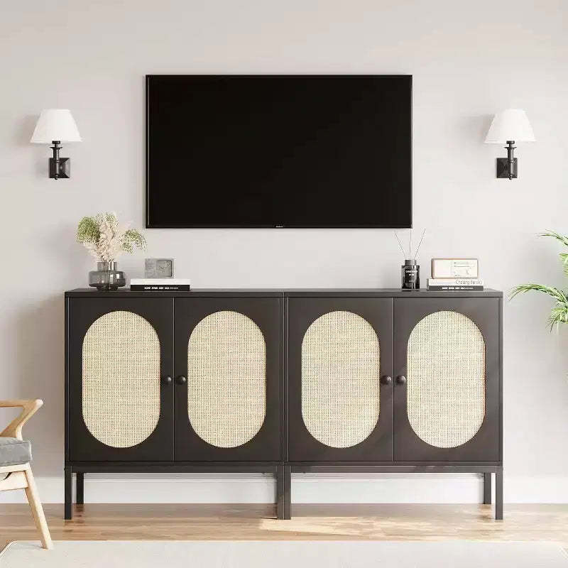 Acekool 2-Pack Rattan Sideboards with Adjustable Shelves, Kitchen Cabinets with Worktop for Living Room, Hallway, Dining Area