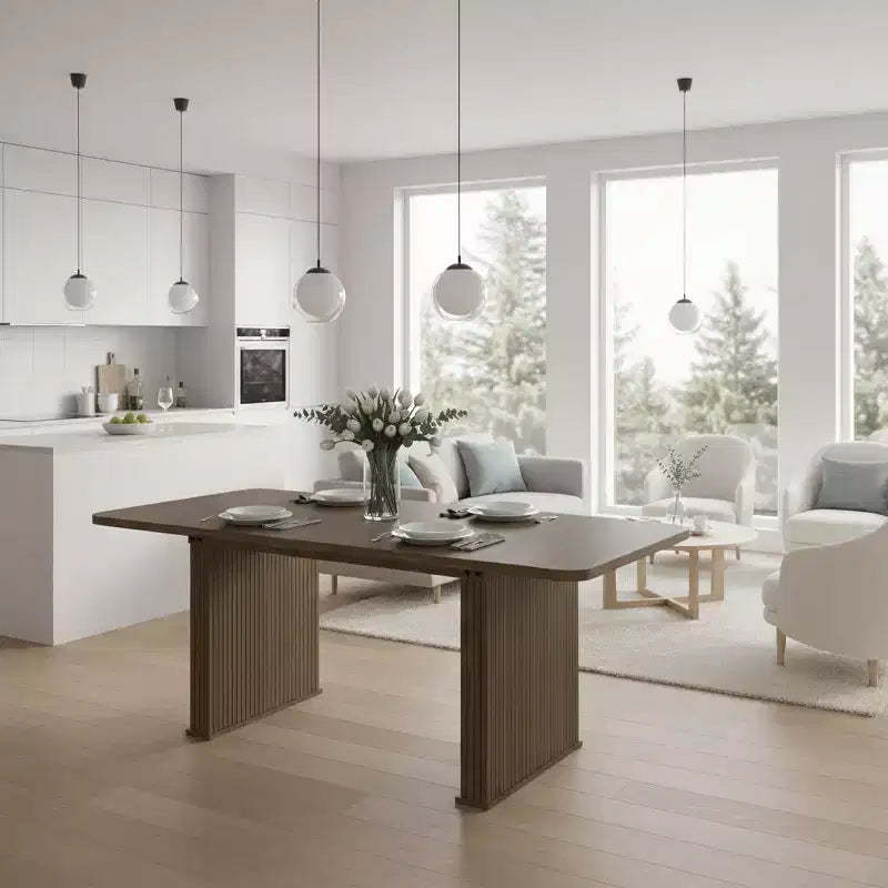 Homy Casa Extendable Dining Table, Oak Wood Finish  Contemporary Ribbed Base Design