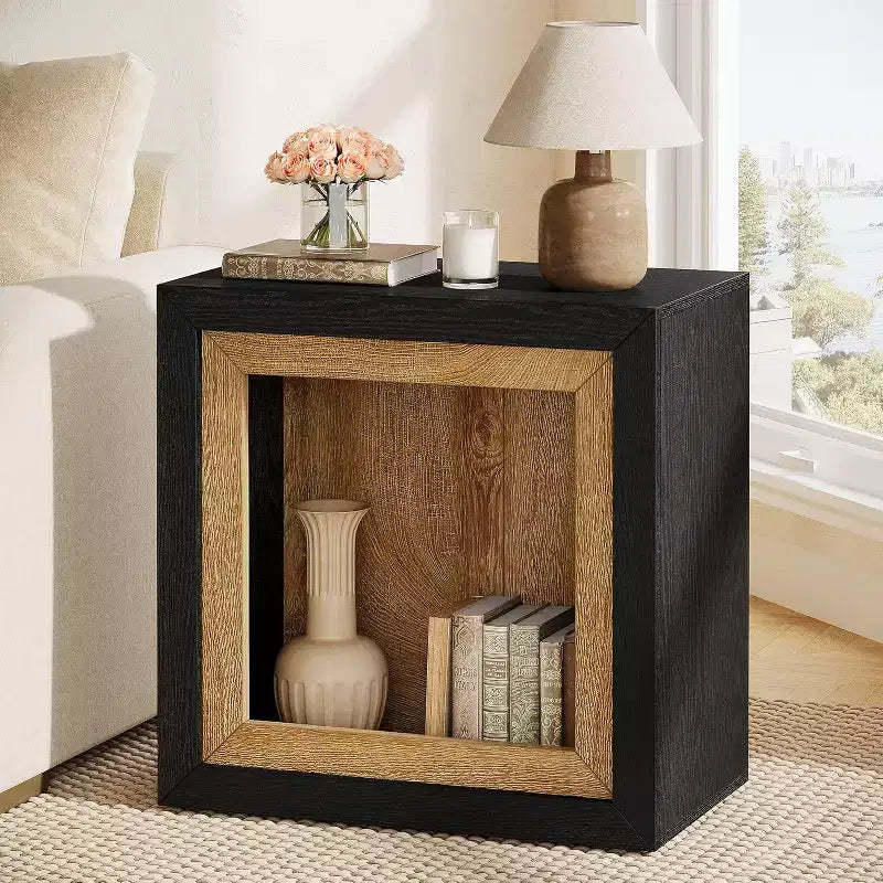 Lantine Wood End Table with Frame-Inspired Design, Rustic Cube Side Table for Living Room, Entrance, Black and Brown