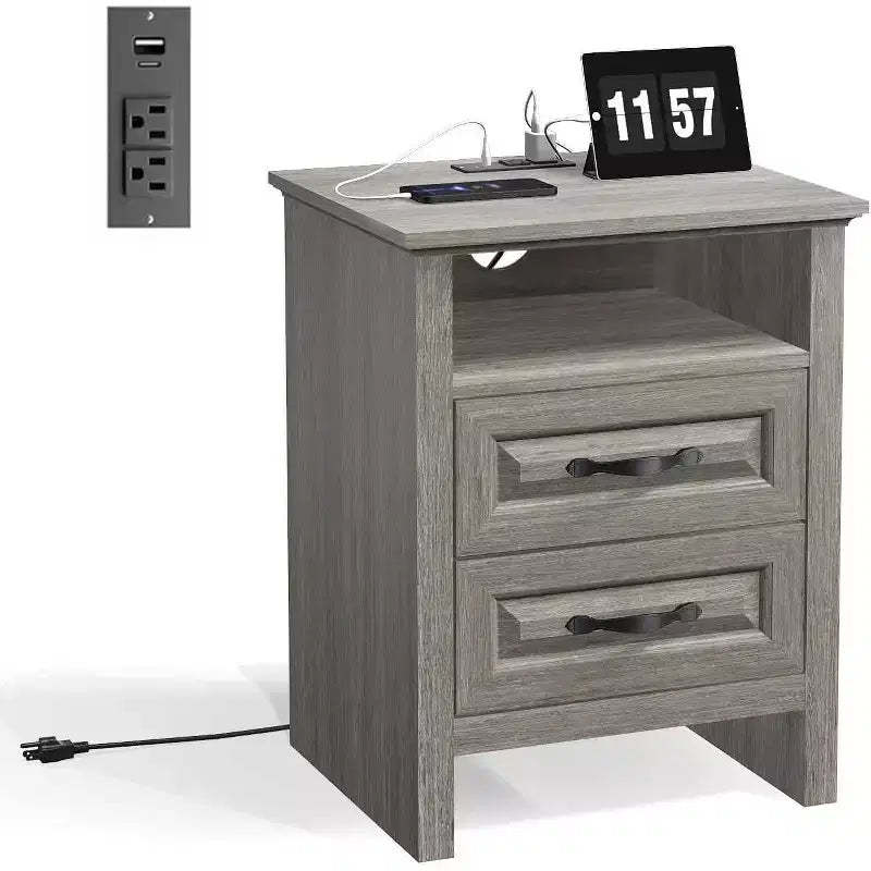 Amada Farmhouse Nightstand with Charging Station, 18.9 Inch Wide Bedside Table with 2 Drawers, USB, Rustic Farmhouse End Table for Bedroom, Gray