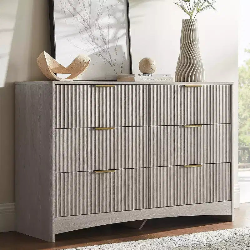 Amada Modern 6 Drawer Dresser, Fluted Wood Chest of Drawers with Rounded Corners, Pre-Installed Drawer Slides, Dresser TV Stand, Grey