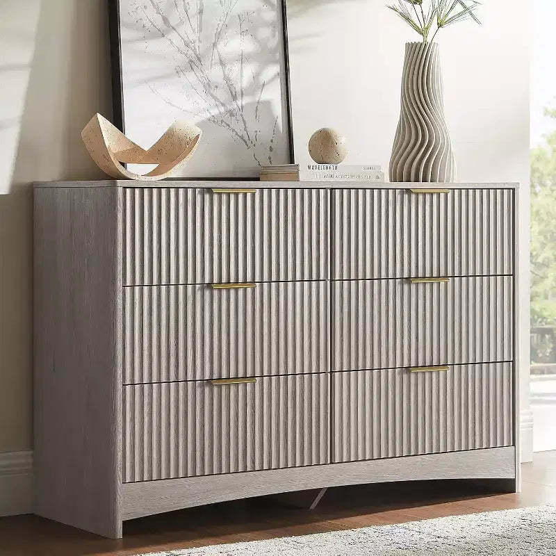 Amada Modern 6 Drawer Dresser, Fluted Wood Chest of Drawers with Rounded Corners, Pre-Installed Drawer Slides, Dresser TV Stand, Grey