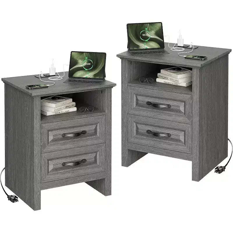 Amada 2 Pack Farmhouse Nightstand with Charging Station, 18.9 Inch Wide Bedside Table with 2 Drawers, USB, 2 AC Outlets, End Table for Bedroom, Gray