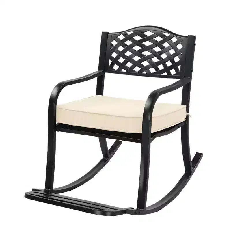 Karl Home | Black Iron Rocking Chair with Mesh Backrest and Off-White Cushion