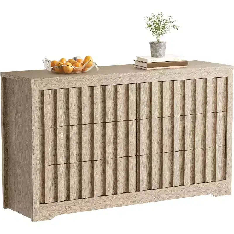 Fluted Dresser for Bedroom with 6 Drawers, 54'' Modern Dressers, Handleless & Curved Profile, Natural Wood TV Dresser for Bedroom, Living Room