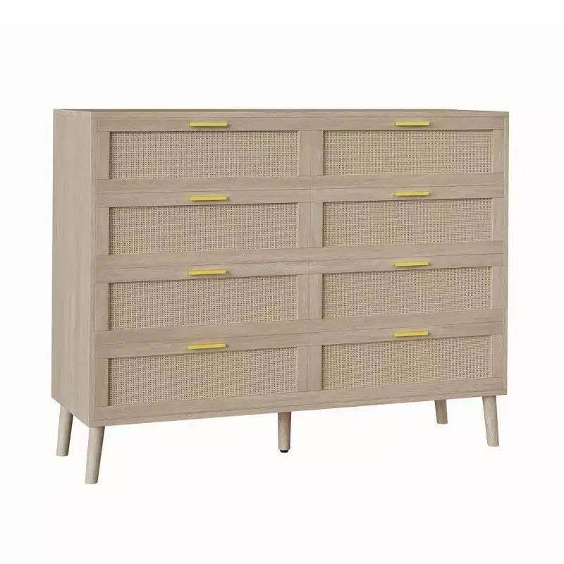 8 Drawer Rattan Dresser,Wooden Chest of Drawers with 5 Solid Wood Legs,Mid Century Modern Dresser for Closet with Handles for Bedroom, Living Room