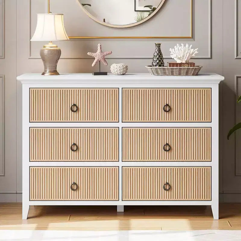 Fluted Dresser for Bedroom with 6 Drawers, 47 In Wide Storage Cabinet,Wooden Storage Cabinet TV Stand for Hallways, Entryways, Easy Assembly
