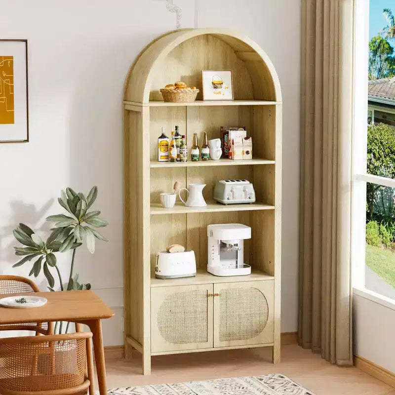 Karl Home Oak Arched with 2 Doors Rattan 3-Shelf Display Cabinet