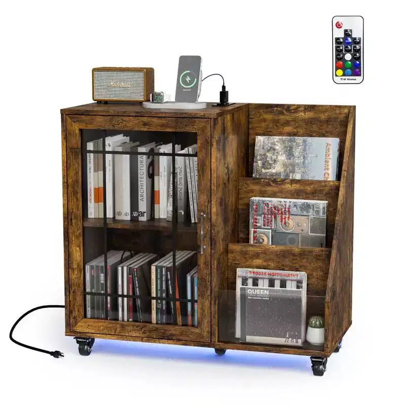 Karl Home Record Player Stand Storage with LED Lights  Charging Station