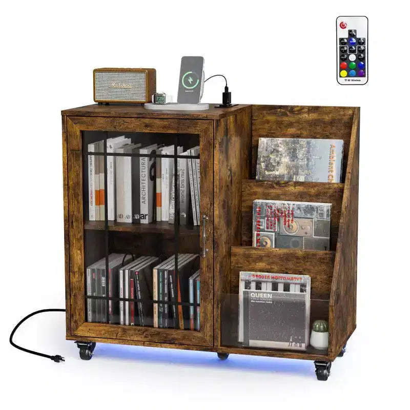Karl Home Record Player Stand Storage with LED Lights  Charging Station