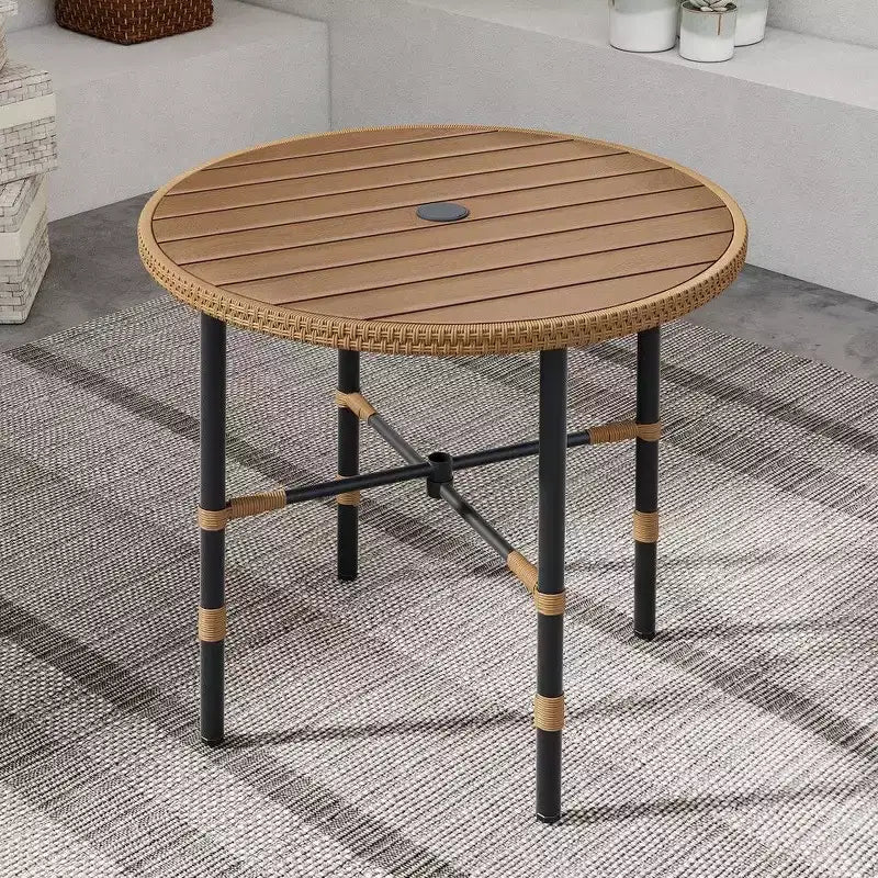Outdoor Wicker Round Dining Table Plastic Wood Tabletop with 2.2in Umbrella Hole