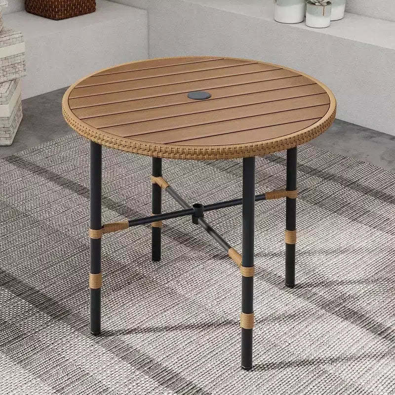 Outdoor Wicker Round Dining Table Plastic Wood Tabletop with 2.2in Umbrella Hole