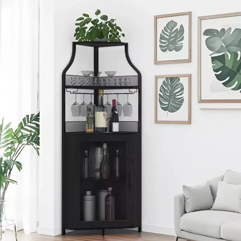 Corner Bar Cabinet with LED Strip, Glass Holder Adjustble Shelf, 5-Tiers Liquor Cabinet Bar Cabinet for Home, Corner Display Cabinet for Small Space