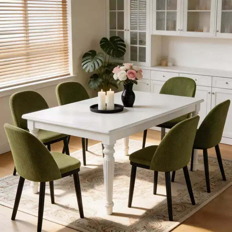 Mid Century Dining Chair Set of 6, Linen Upholstered Kitchen Chair with Thick Cushions Seat and Curved Backrest, Wood Frame Accent Chair