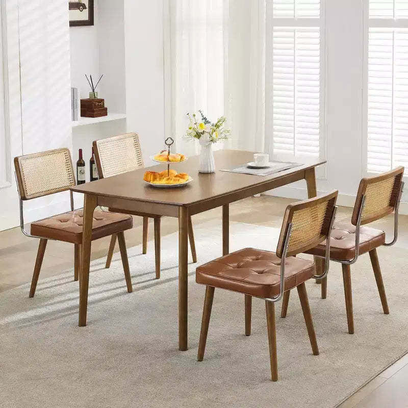 Mid Century Natural Rattan Dining Chairs Set of 4, Velvet Upholstered Kitchen Chairs with Tall Cane Backrest and Strong Wood Legs