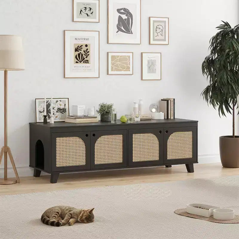 MAYEERTY 5820 Inch Double Hidden Cat Cabinet - With Rattan Doors & Dual Entrances, Fits Two Cats (Gray)