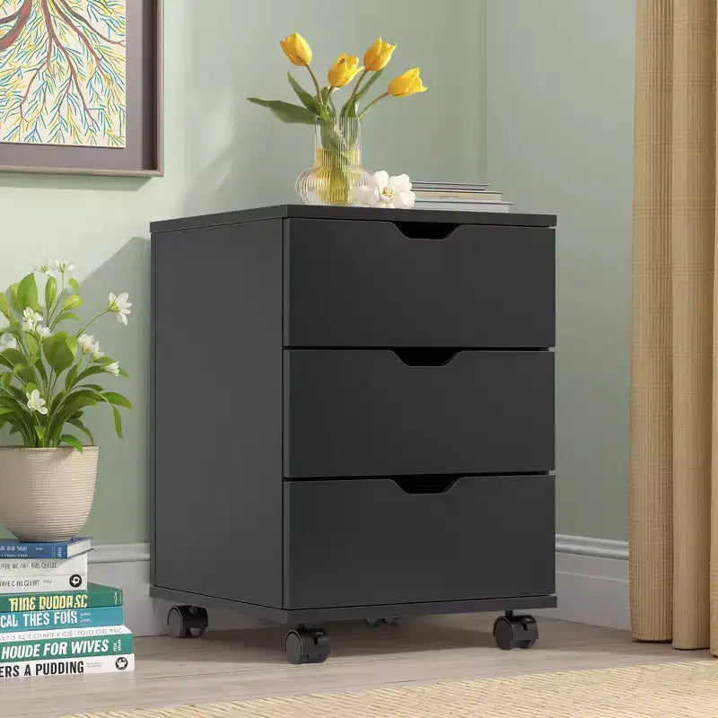 MAYEERTY 3-Drawer Vertical Wood Filing Cabinet - With Casters, Non-Assembled for Home Office (Black)
