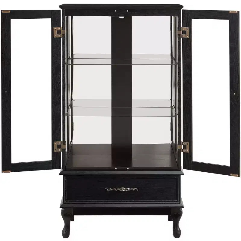 Elegant Lighted Glass Curio Display Cabinet - Wooden Frame Storage for Living Room, Kitchen & Pantry - Ideal for Wine, Toys & Collectibles - Black