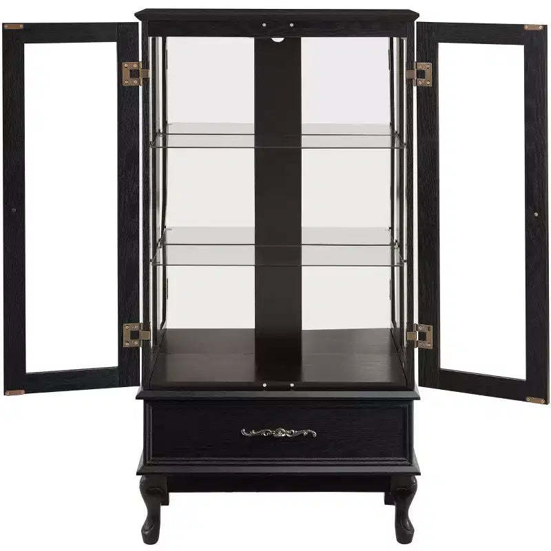 Elegant Lighted Glass Curio Display Cabinet - Wooden Frame Storage for Living Room, Kitchen & Pantry - Ideal for Wine, Toys & Collectibles - Black