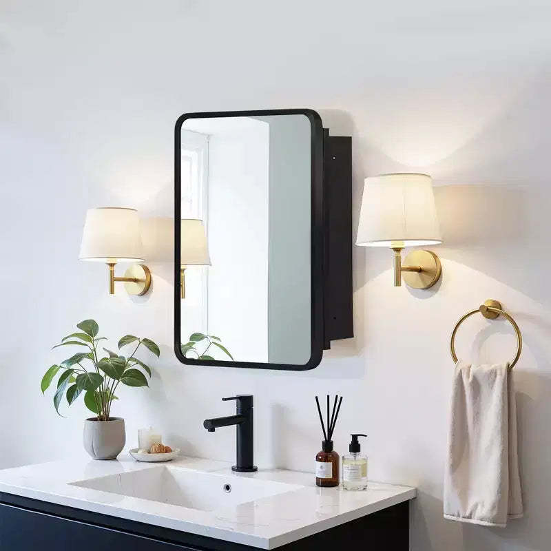 MAYEERTY 24 x 16in Modern Rectangular Bathroom Medicine Cabinets, Metal Framed Wall Mirror with Storage, Black