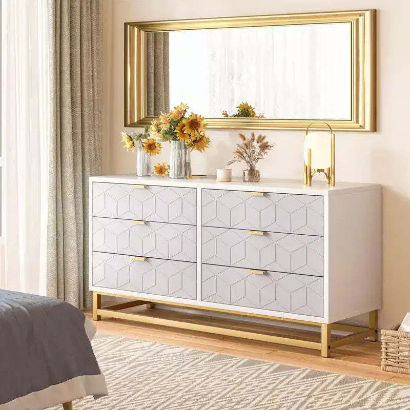 Coolmee 6 Drawers Dresser for Bedroom, Chest of Drawers, Modern Wood Dressers with Gold Metal Handles for Hallway, Entryway