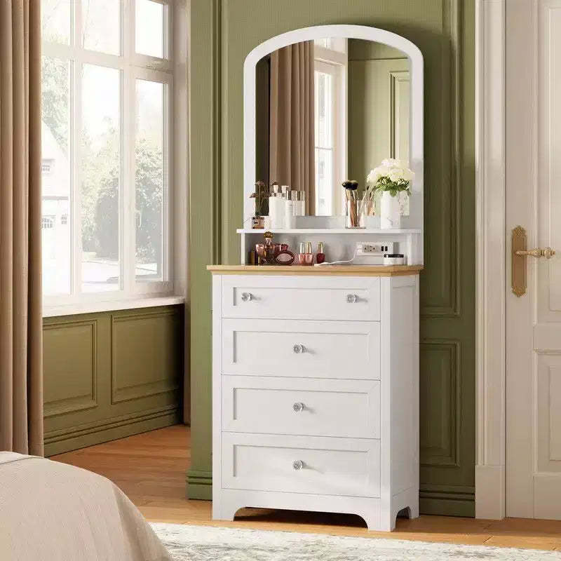 Coolmee 4 Drawers Dresser with Mirror, Charge Station and LED Strip, Modern Makeup Vanity Table for Small Space, Bedroom, Living Room, Entryway