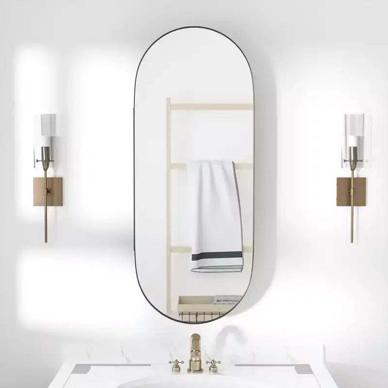 MAYEERTY 32 x 16in Modern Oval Bathroom Medicine Cabinets, Metal Framed Wall Mirror with Storage, Black